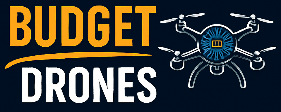Logo for budgetdrones.net. In the image, a black quadcopter can be seen
